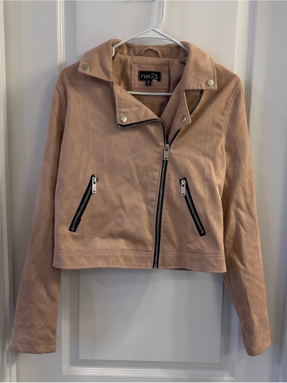 rue21 Womens Faux Suede Moto Jacket Blush Pink Crop Biker Motorcycle Medium Zip - Picture 1 of 16